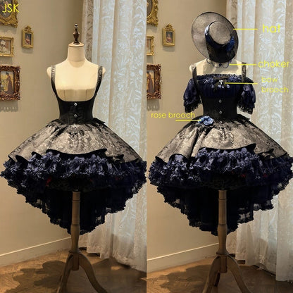 [pre-order Deadline: April 28] Purple X Black Gothic Lolita Corset Layered Jsk Dress + Off-shoulder Lace Puff Top