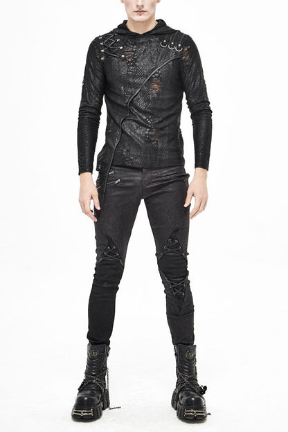 Black Broken Holes Knit Shoulder Lace-up Irregular Hem Hooded Punk T-shirt