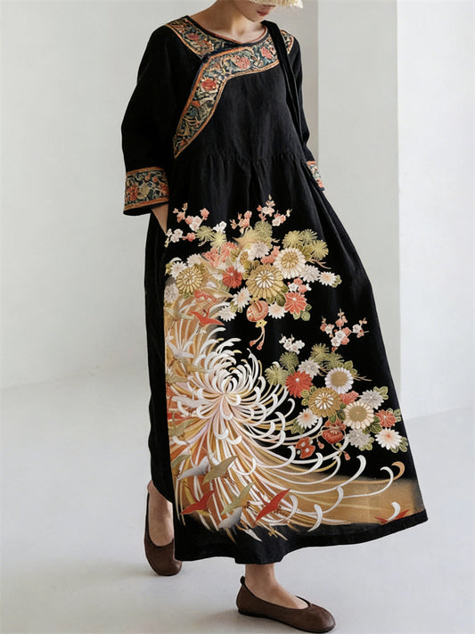 Comstylish Japanese Chrysanthemum Floral Art Ethnic Linen Maxi Dress