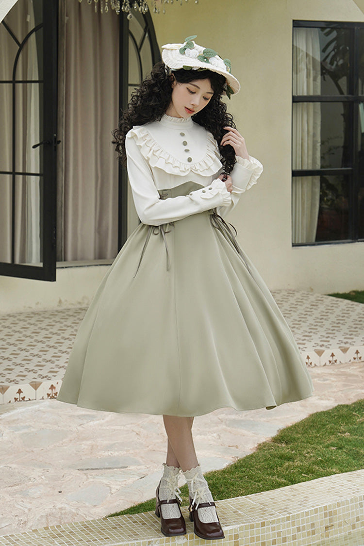 White/green [wind Garden] Stand Collar Ruffle Lace-up Color Matching Fake Two Pieces Classic Lolita Dress