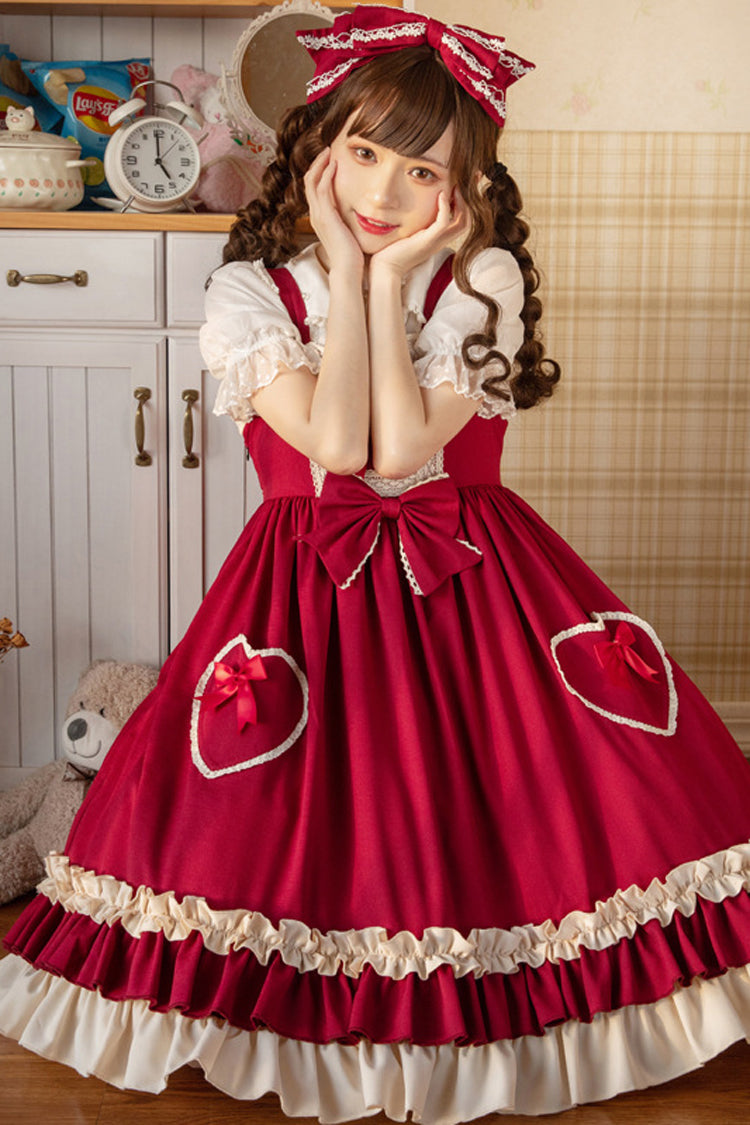 Wine Love Heart Shape Pockets Bowknot Classic Lolita Jsk Dress