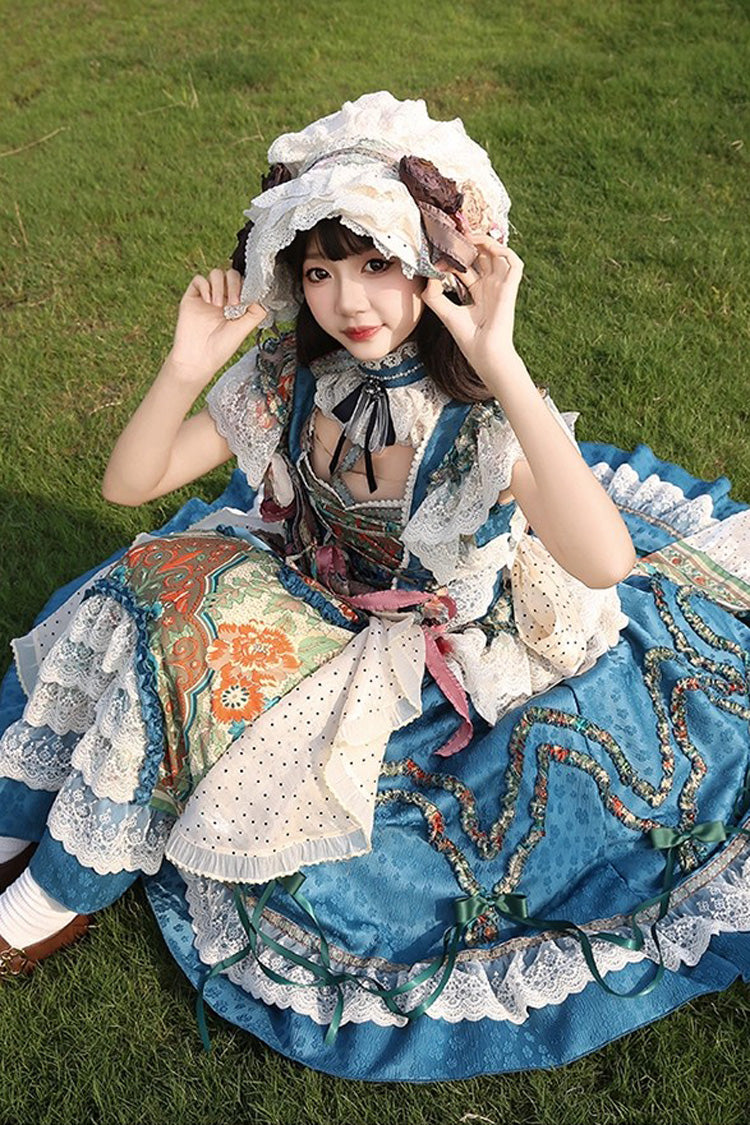 Blue [lake Monet] Sleeveless High Waisted Print Ruffle Cardigan Bowknot Lace-up Classic Princess Lolita Jsk Dress