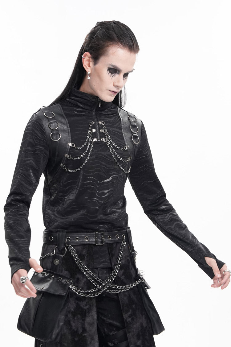 Black Chain Rings Stand Collar Long Sleeves Gothic T-shirt