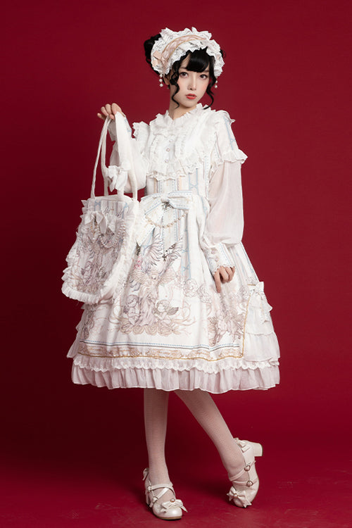 Round Collar Ruffled Long Sleeves Reunion World Print Classic Lolita Op Dress