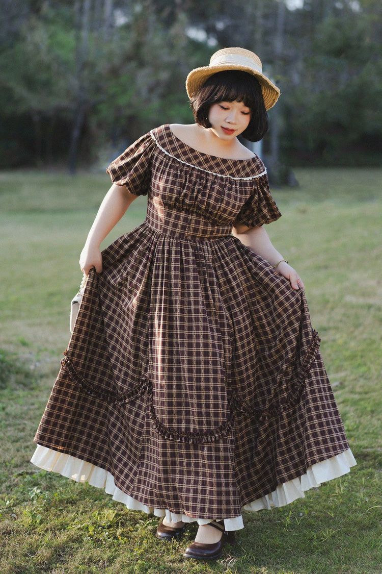 Dark Red [forest Picnic] Boat Neck Short Sleeves Printed Lift-hem Ruffled Classic Lolita Dress
