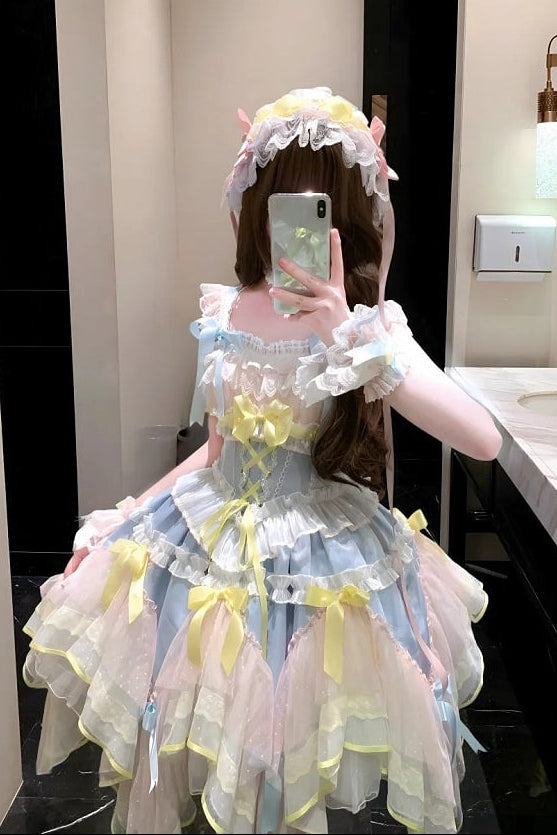 [pre-order Deadline: May 8] Pink X Green/blue X Yellow Fairy Princess Lolita Tulle Lace Bow Layered Dress
