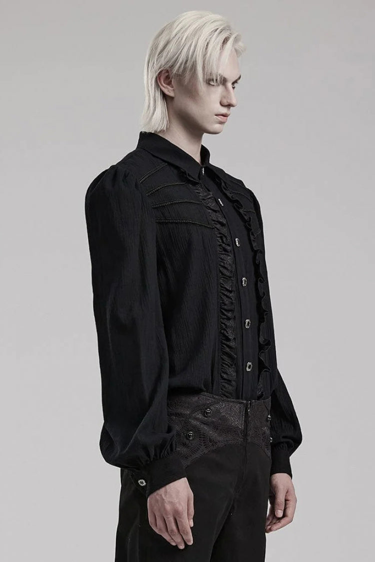 Black Hand-stitched Button Pleated Long Puff Sleeves Ruffle Gothic Blouse