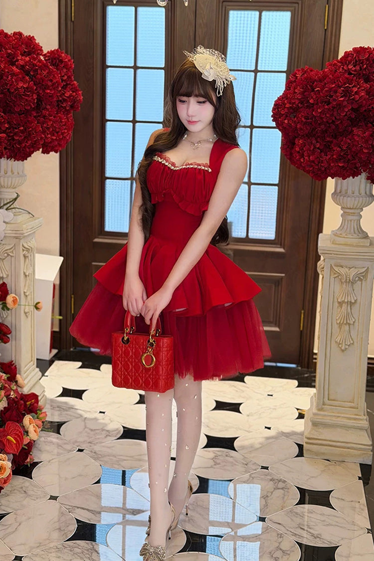 Red [romantic Rose] Square Collar Sleeveless Ruffled Classic Ballet Lolita Dress