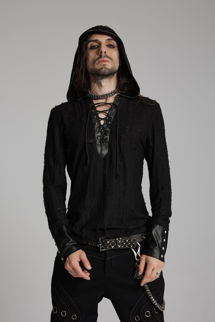 Black Long Sleeves Lace-up Hooded Studs Eyelets Punk T-shirt