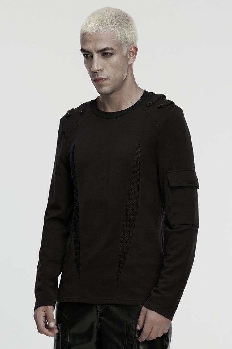 Black Round Collar Long Sleeves Cut-out Spliced Mesh Punk T-shirt