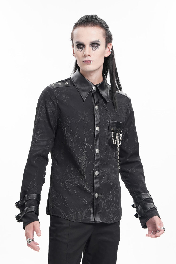Black Lapel Collar Long Sleeves Buckle Chain Gothic Blouse