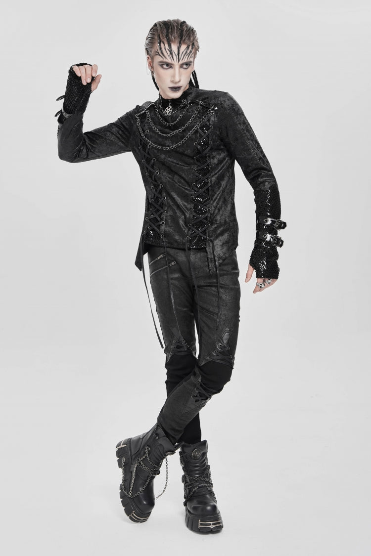 Black Stitching Lace-up Mesh Chain Punk Blouse