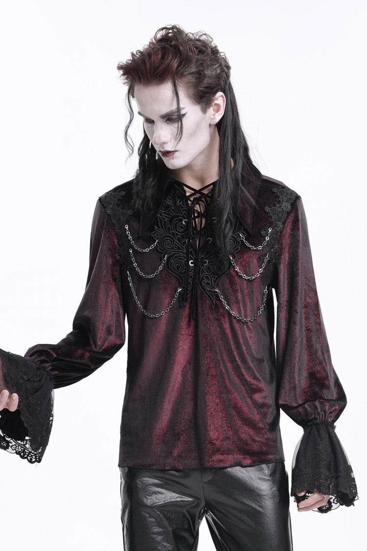 Wine Red V Collar Long Sleeves Lace-up Chain Gothic Blouse