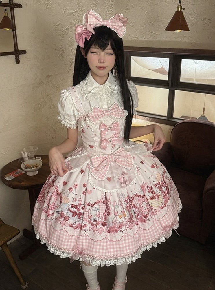 [pre-order Deadline: May 5] Pink Cherry Print Lace Ribbon Bunny Ear Apron Jsk Dress + Accessories