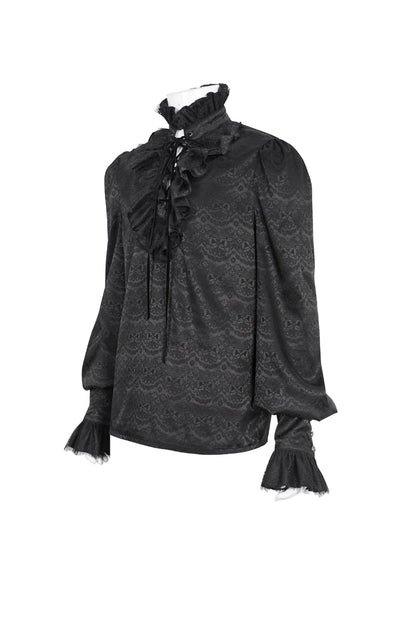 Black Stand Collar Long Sleeves Jacquard Ruffle Gothic Blouse