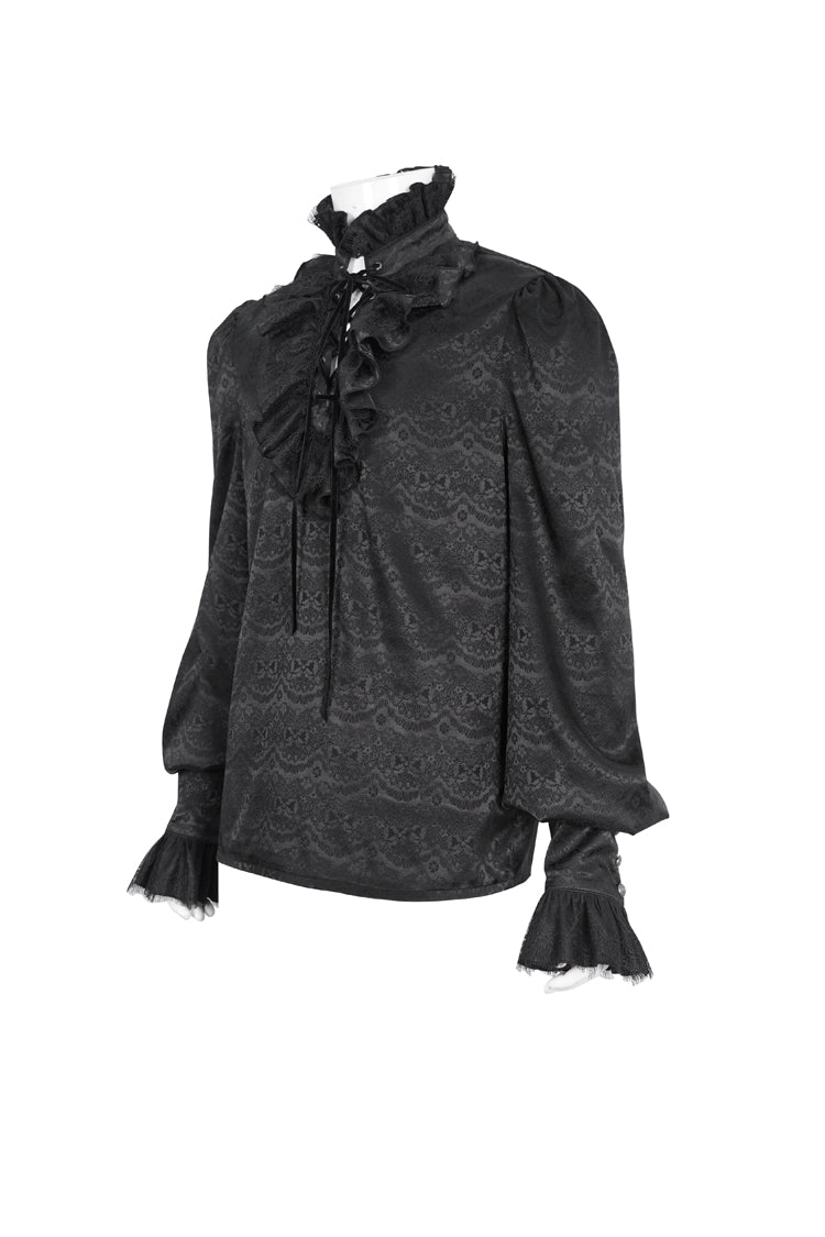 Black Stand Collar Long Sleeves Jacquard Ruffle Gothic Blouse
