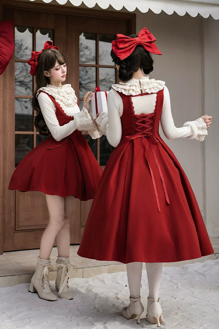 Red [letters and Poems · Velvet Rose] Sleeveless Embroidered Bow Fishbone Classic Lolita Bandeau Dress 2 Versions
