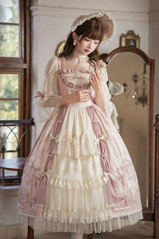 [pre-order Deadline: April 26] Rococo Antique Lace Tiered Ribbon Pink Lolita Dress + Bonnet