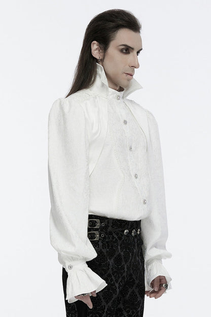 White Lapel Collar Long Sleeves Rings Punk Blouse