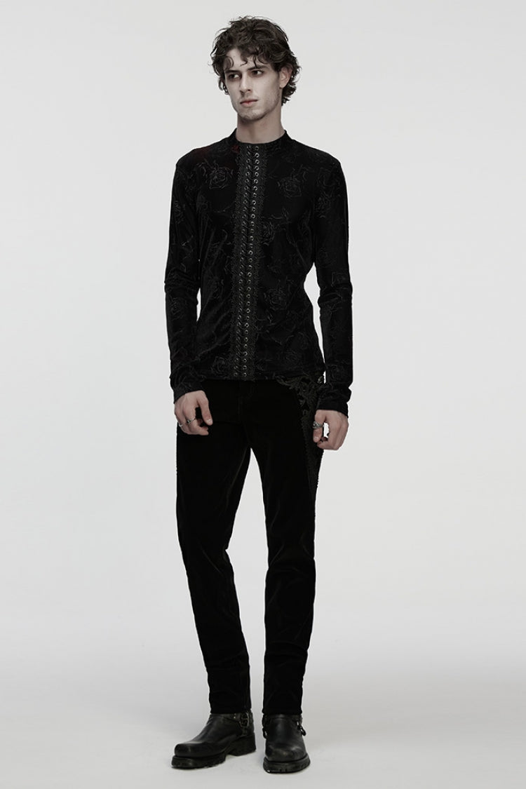 Black Stand Collar Long Sleeves Rose Embossed Lace-up Zippered Gothic Top