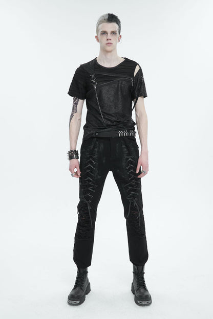 Black Left Off Shoulder Chest Zipper Embellished Punk Short Sleeve