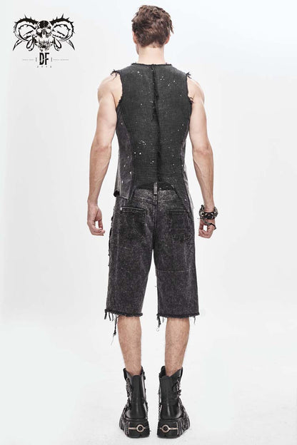Black V-neck Sleeveless Ripped Buckle Straps Gothic Vest