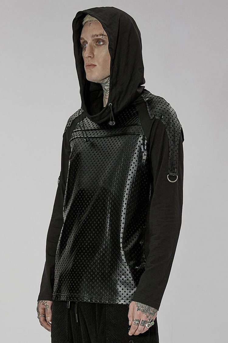 Black Punk Turtleneck Stretch Knit Panel Cutout Drawstring Hooded T-shirt