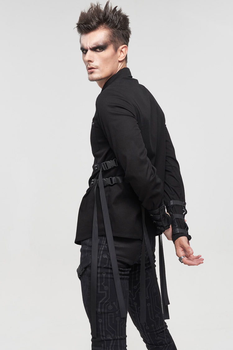 Black Nylon Strap Metal Buckle Decoration Long Sleeve Elasticity Punk Shirt