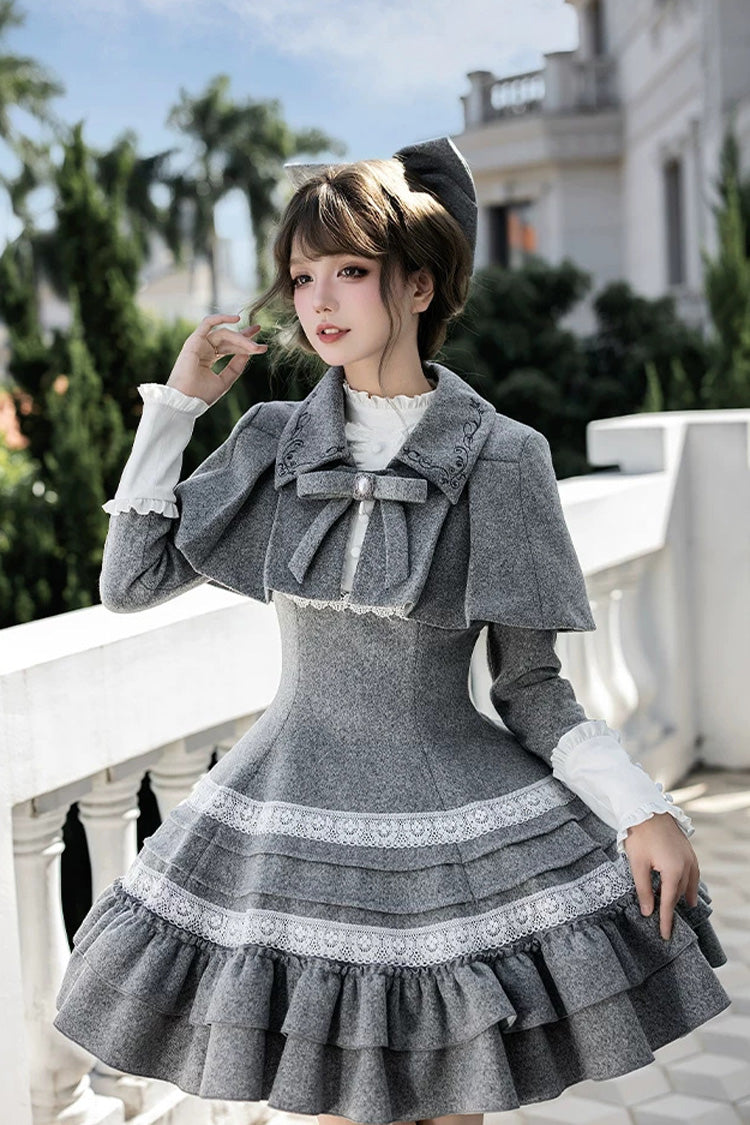 Grey [letters and Poems · Old Memories] Stand Collar Long Sleeves Double-layered Ruffled Bow Classic Lolita Dress 2 Versions