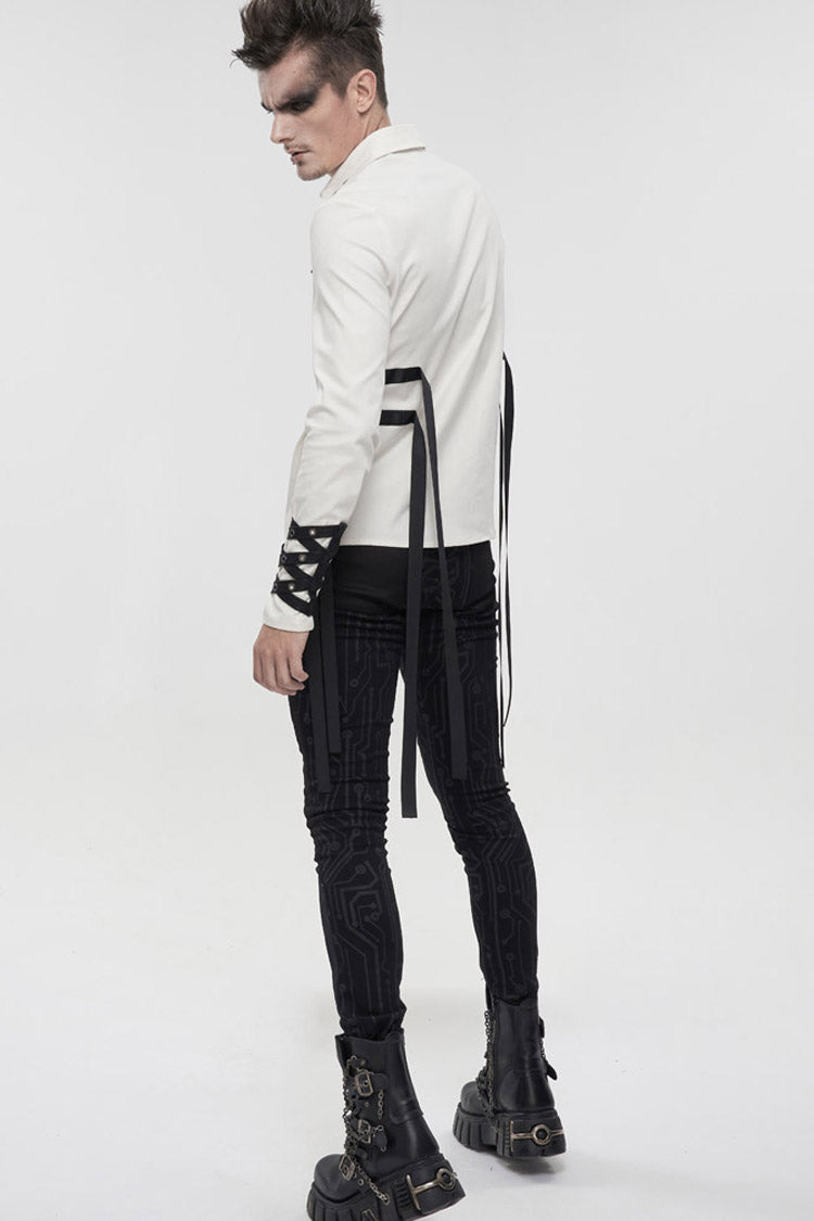 White Punk Nylon Strap Metal Buckle Decoration Long Sleeve Elasticity Thick Shirt