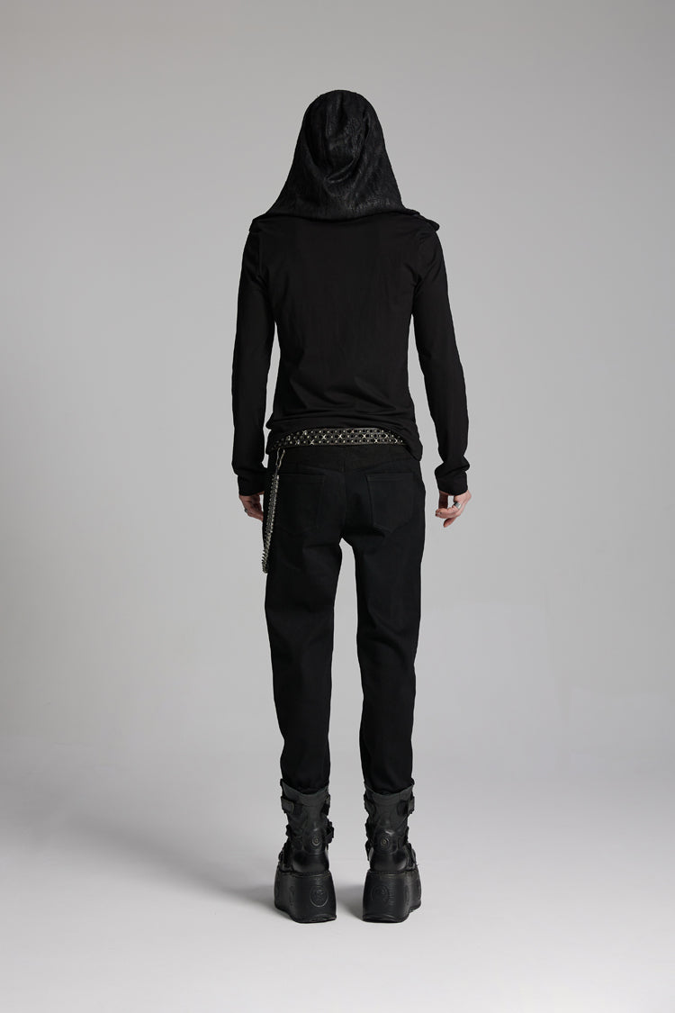 Black V Collar Long Sleeves Hooded Overlaping Mesh Punk T-shirt