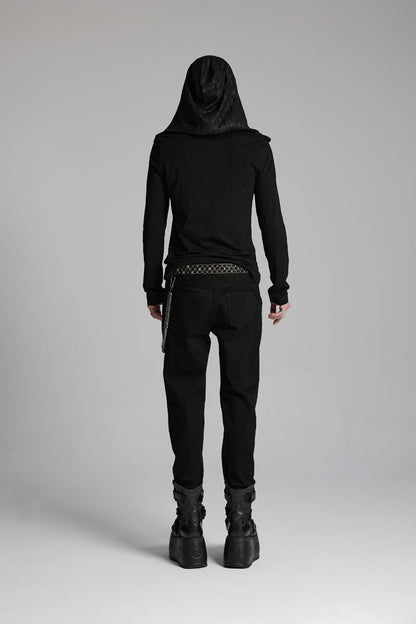 Black V Collar Long Sleeves Hooded Overlaping Mesh Punk T-shirt