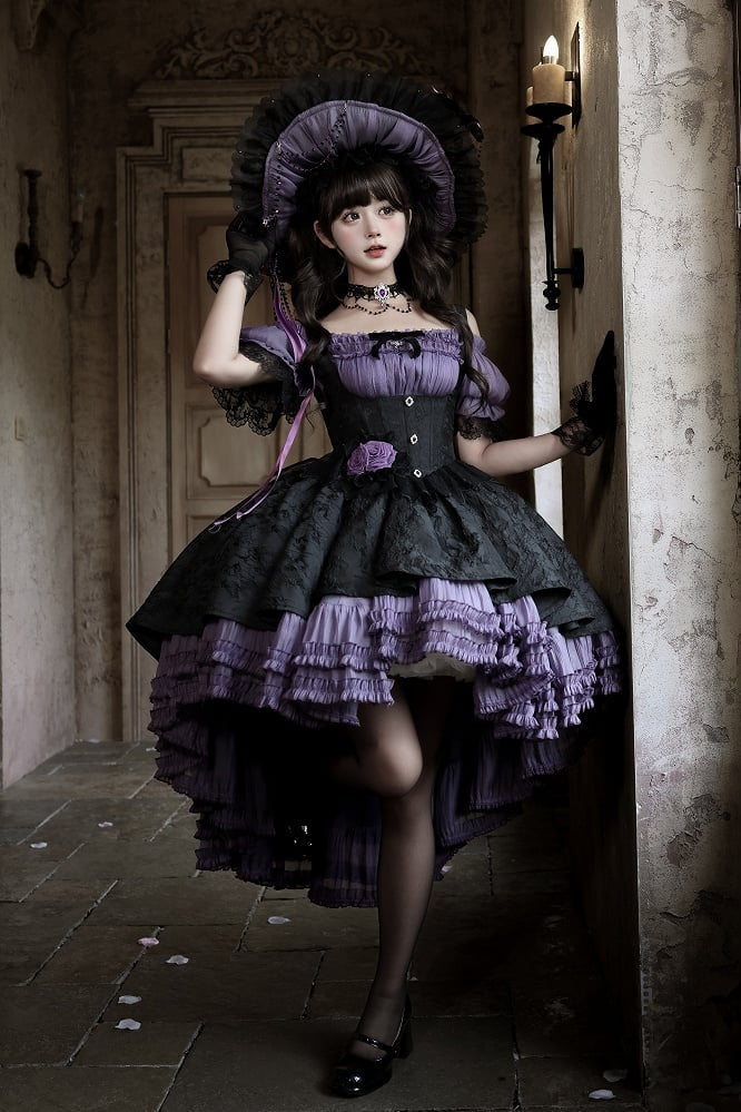 [pre-order Deadline: April 28] Purple X Black Gothic Lolita Corset Layered Jsk Dress + Off-shoulder Lace Puff Top