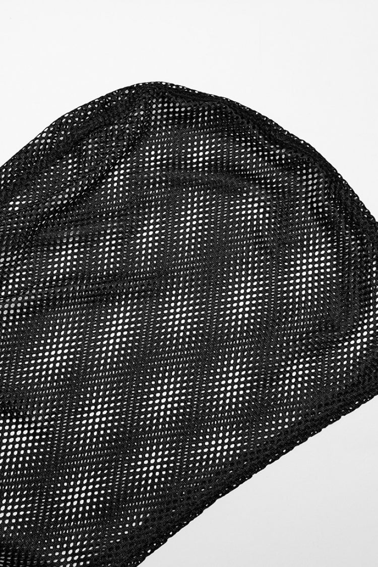 Black Sleeveless Irregular Hooded Mesh Eyelet Punk Vest