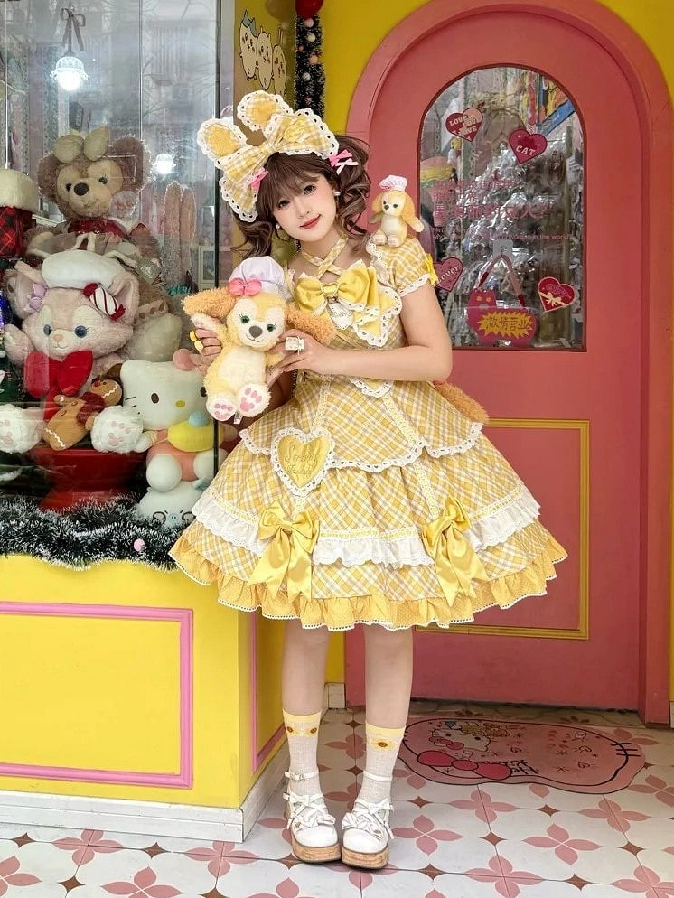 [pre-order Deadline: May 10] Blue/yellow/pink Sweetheart Lolita Ribbon Puff Sleeve Tiered Dress + Bunny Ear Full Set + Cat Ear Full Set