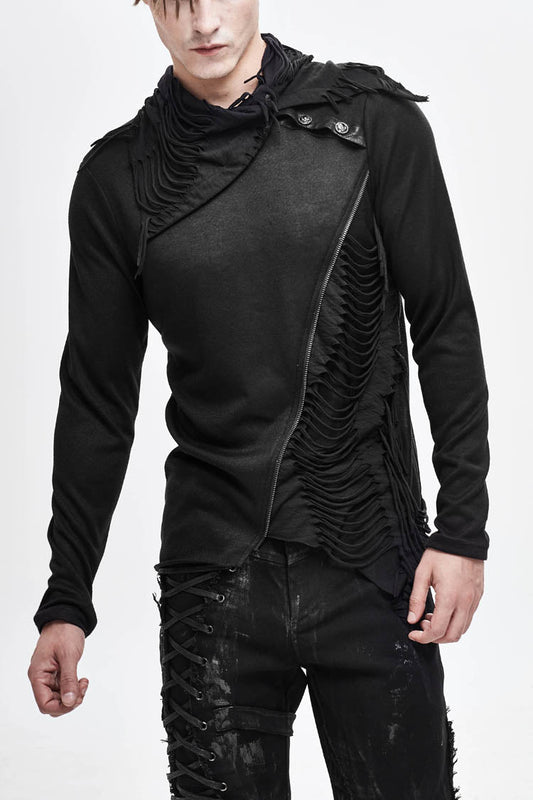 Black Ragged Turn-down Collar Woolen Long Sleeve Irregular Hem Punk T-shirt