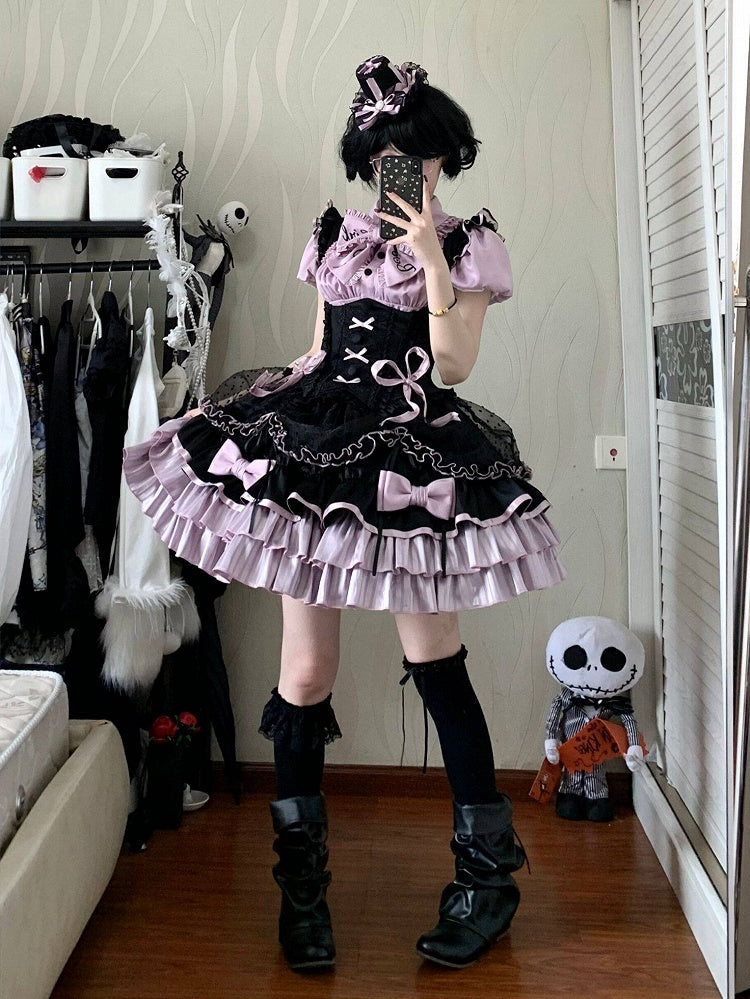[order Deadline: May 12] Black Purple Lolita Idol Ribbon Puff Sleeve Shirt + Corset Tulle Pull-up Jks Dress Set