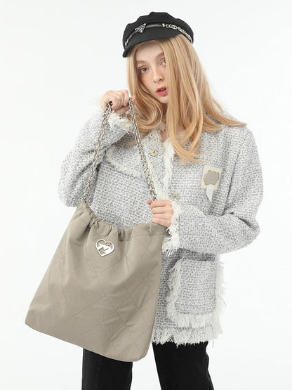 Cool Metal Diamond Quilted Leather Chain Tote Bag