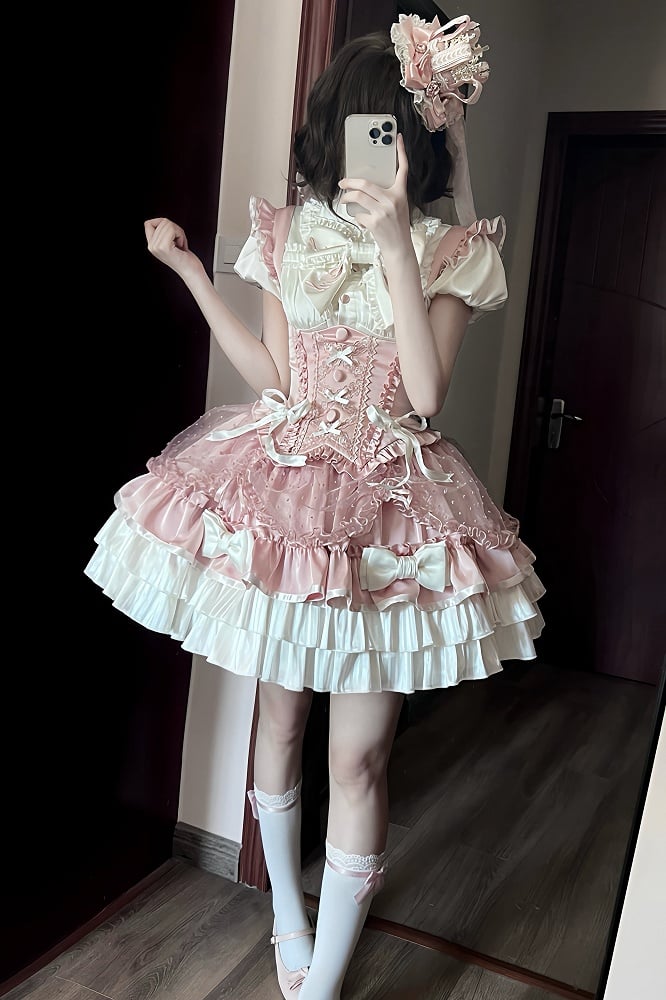 [order Deadline: May 12] Pink White Sweet Lolita Idol Ribbon Puff Sleeve Shirt + Corset Tulle Pull-up Jks Dress Set