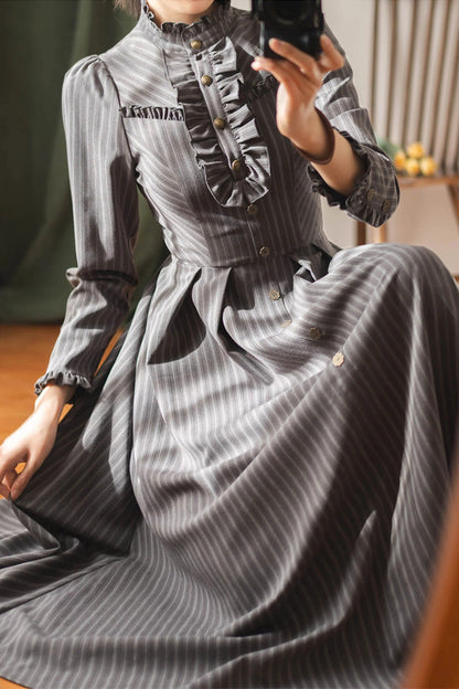 [forest Castle] Stand Collar Long Sleeves Striped Printed Ruffled Classic Lolita Dress 3 Colors