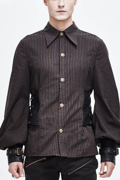 Brown Striped Waist Cuff Leather Punk Blouse
