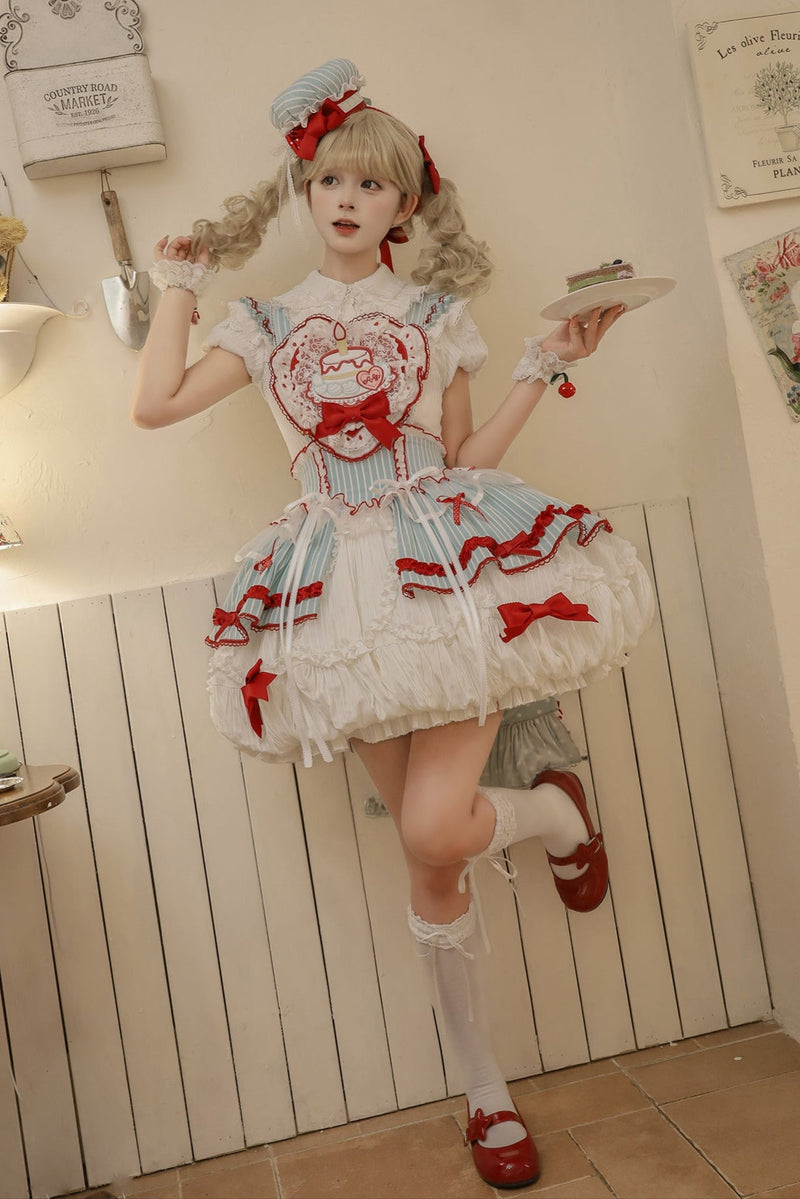 [pre-order Deadline: April 3] Twin Tiered Lolita Dot Ribbon Striped Dress + Flower Bud Skirt Dress