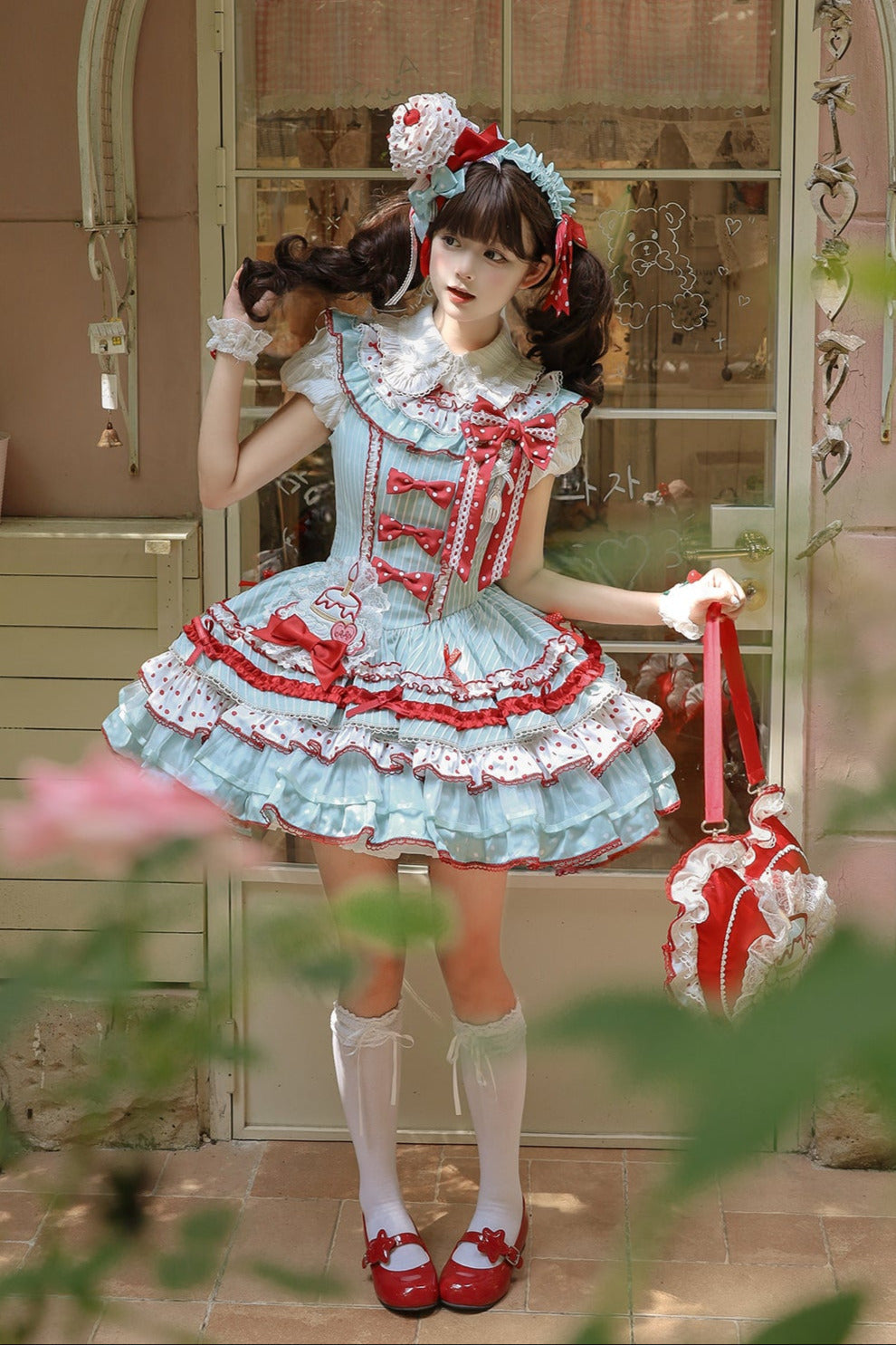[pre-order Deadline: April 3] Twin Tiered Lolita Dot Ribbon Striped Dress + Flower Bud Skirt Dress