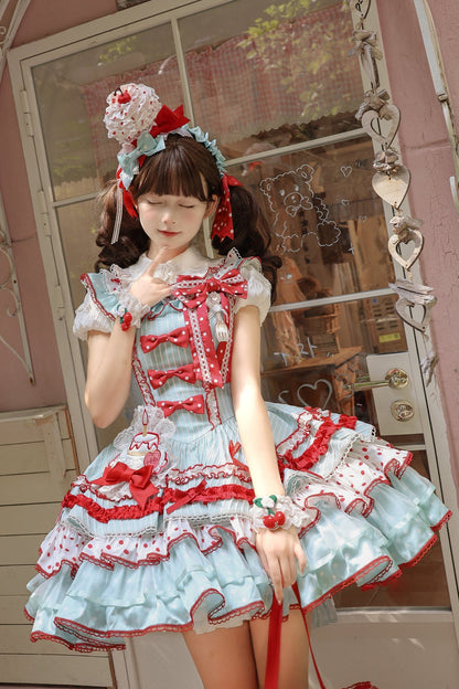 [pre-order Deadline: April 3] Twin Tiered Lolita Dot Ribbon Striped Dress + Flower Bud Skirt Dress