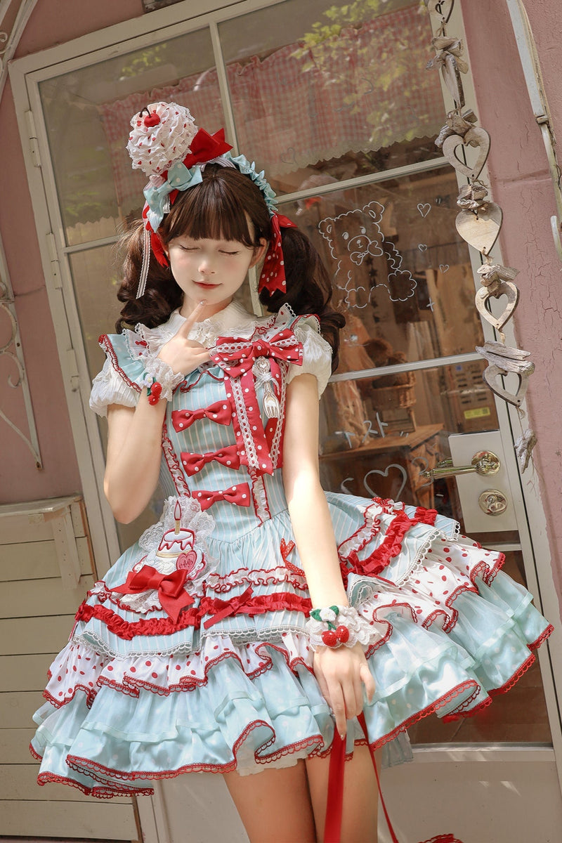 [pre-order Deadline: April 3] Twin Tiered Lolita Dot Ribbon Striped Dress + Flower Bud Skirt Dress
