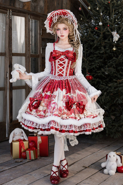Red [happy New Year] Printed Ruffled Bow Lace Classic Chinese Style Lolita Jsk Dress