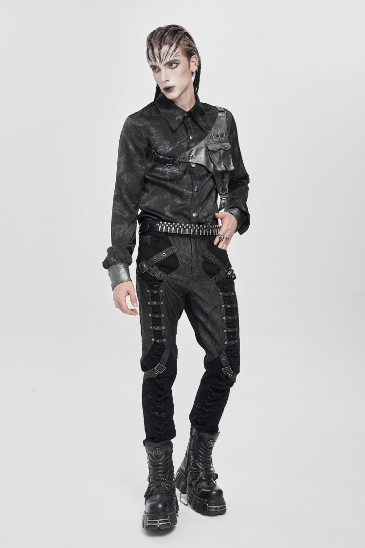 Black Long Sleeves Print Stitching Asymmetric Bullet Punk Blouse