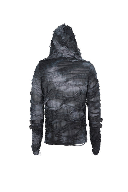 Black High Collar Long Sleeves Print Ripped Punk Hoodies T-shirt