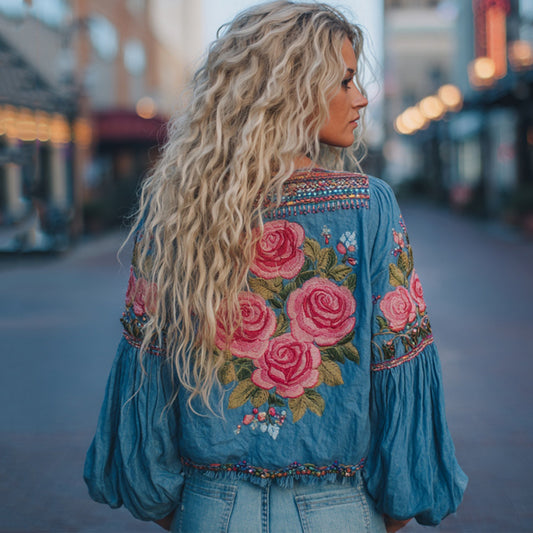 Vintage Pink Roses Embroidered Linen Blend T-shirt elevenforest