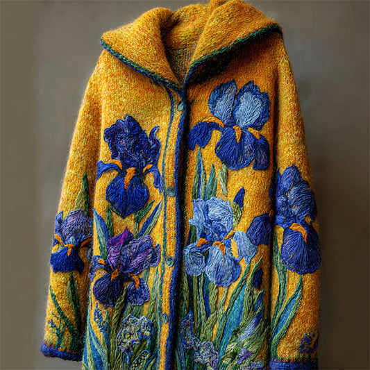 Vintage Irises Inspired Felt Embroidered Cozy Knit Hooded Cardigan elevenforest